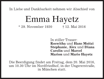 Traueranzeige von Emma Hayetz von merkurtz