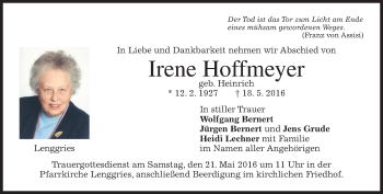 Traueranzeige von Irene Hoffmeyer von merkurtz
