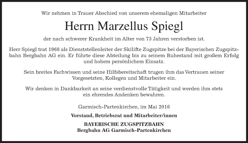  Traueranzeige für Marzellus Spiegl vom 18.05.2016 aus merkurtz