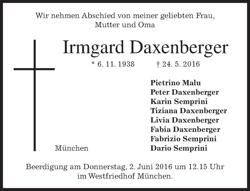  Traueranzeige für Irmgard Daxenberger vom 28.05.2016 aus merkurtz