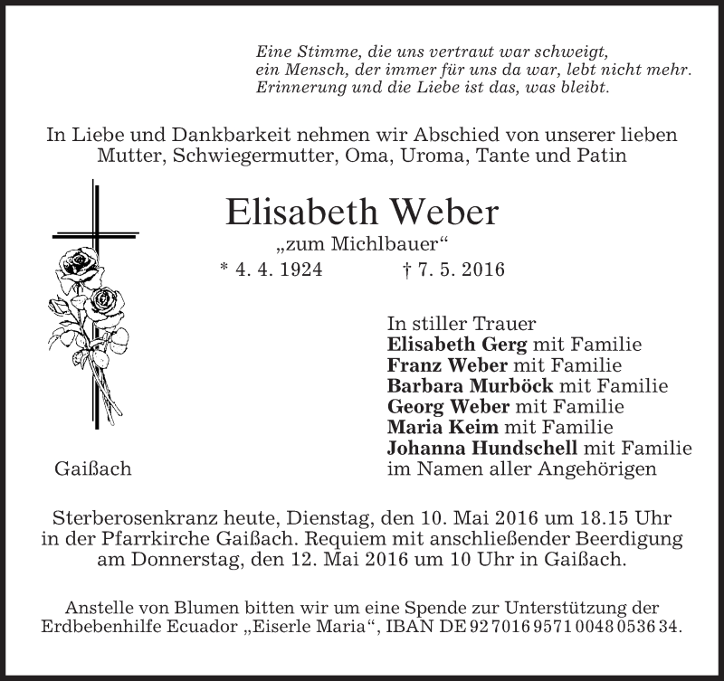  Traueranzeige für Elisabeth Weber vom 10.05.2016 aus merkurtz