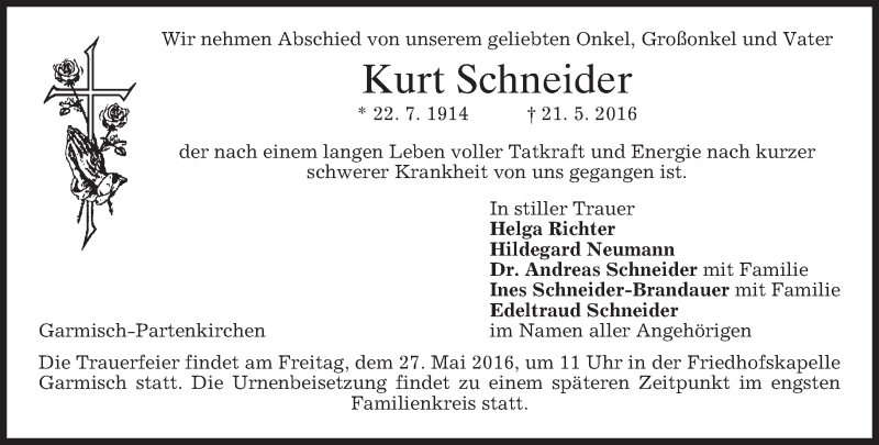  Traueranzeige für Kurt Schneider vom 25.05.2016 aus merkurtz