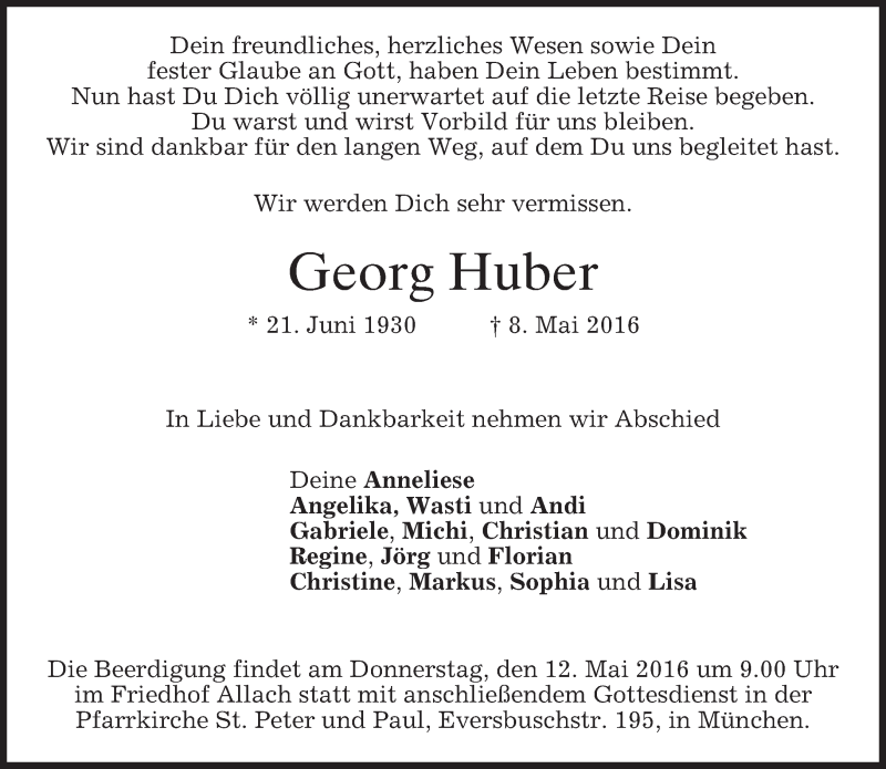  Traueranzeige für Georg Huber vom 10.05.2016 aus merkurtz