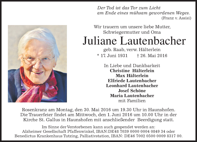  Traueranzeige für Juliane Lautenbacher vom 30.05.2016 aus merkurtz