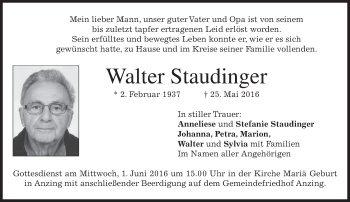 Traueranzeige von Walter Staudinger