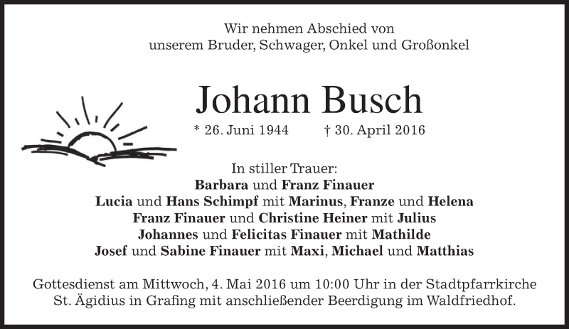  Traueranzeige für Johann Busch vom 02.05.2016 aus merkurtz