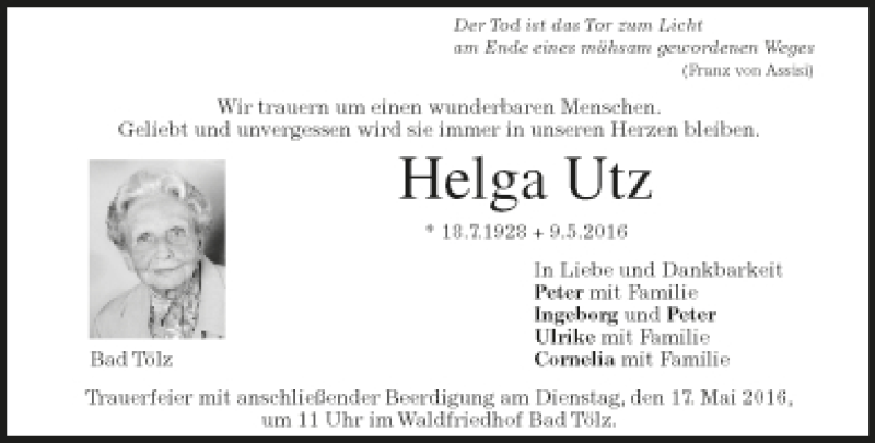  Traueranzeige für Helga Utz vom 14.05.2016 aus Münchener Merkur