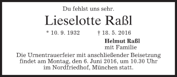 Traueranzeige von Lieselotte Raßl von merkurtz