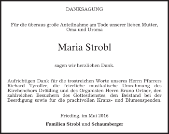 Traueranzeige von Maria Strobl von merkurtz