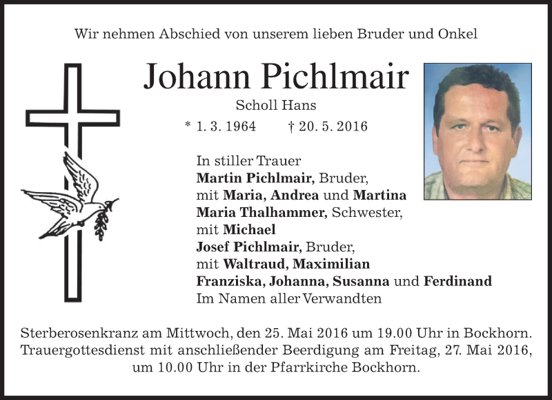  Traueranzeige für Johann Pichlmair vom 25.05.2016 aus merkurtz