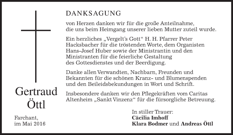  Traueranzeige für Gertraud Öttl vom 14.05.2016 aus merkurtz