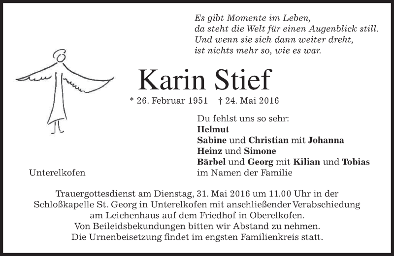  Traueranzeige für Karin Stief vom 28.05.2016 aus merkurtz