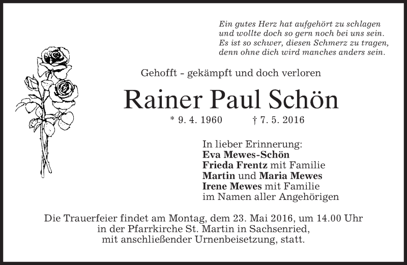  Traueranzeige für Rainer Paul Schön vom 20.05.2016 aus merkurtz