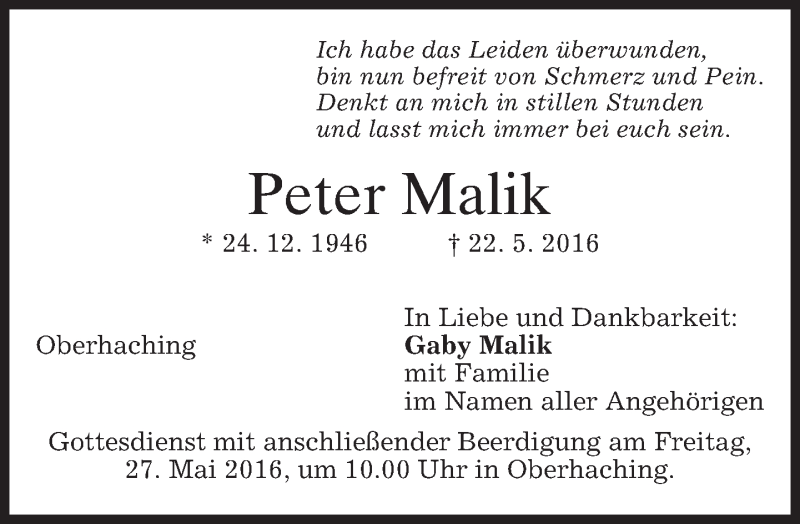  Traueranzeige für Peter Malik vom 24.05.2016 aus merkurtz