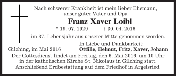 Traueranzeige von Franz Xaver Loibl von merkurtz