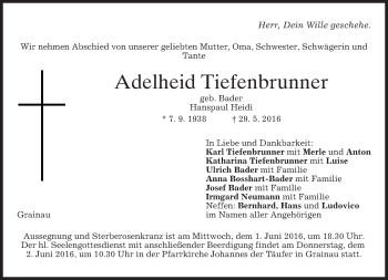 Traueranzeige von Adelheid Tiefenbrunner von merkurtz