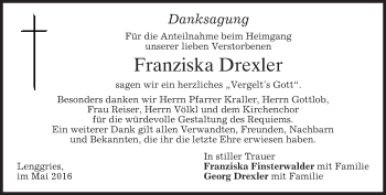 Traueranzeige von Franziska Drexler von merkurtz