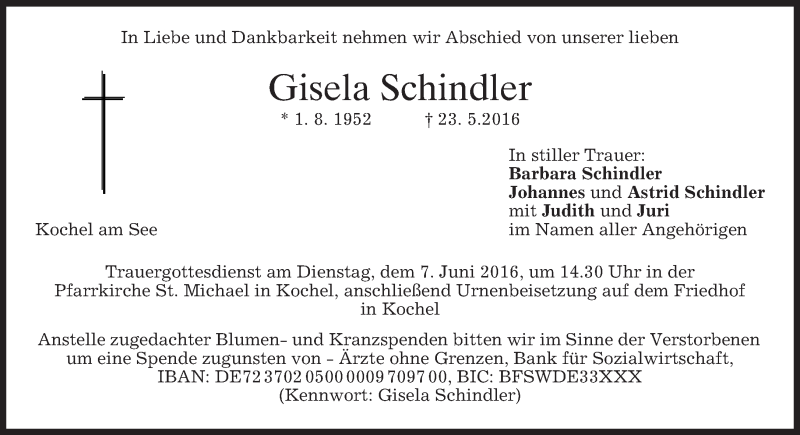  Traueranzeige für Gisela Schindler vom 28.05.2016 aus merkurtz
