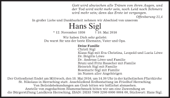 Traueranzeige von Hans Sigl von merkurtz