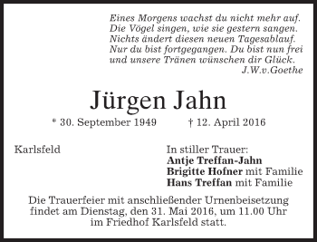 Traueranzeige von Jürgen Jahn von merkurtz