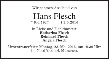 Traueranzeige von Hans Flesch von merkurtz