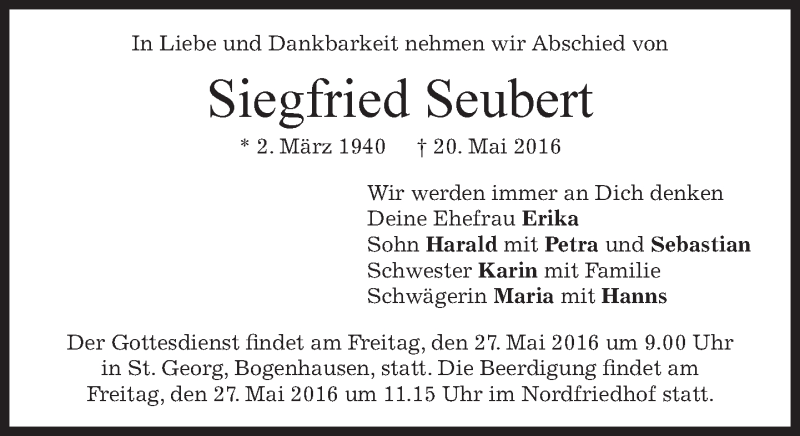  Traueranzeige für Siegfried Seubert vom 25.05.2016 aus merkurtz