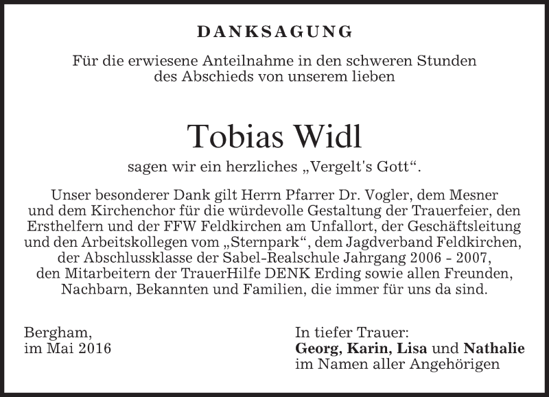  Traueranzeige für Tobias Widl vom 21.05.2016 aus merkurtz