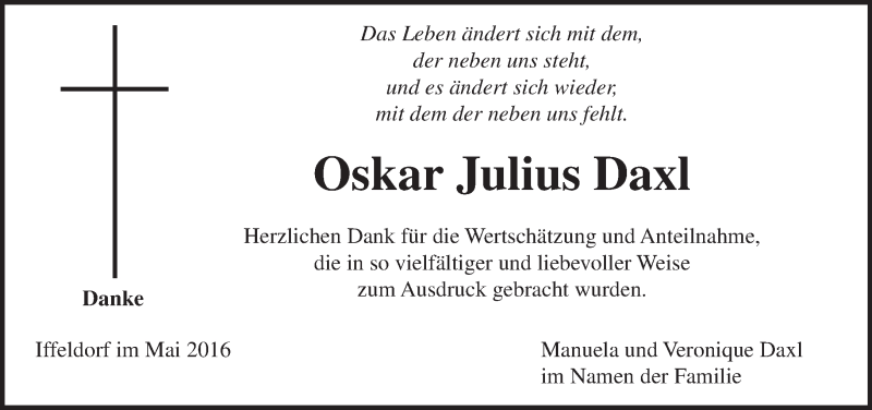  Traueranzeige für Oskar Julius Daxl vom 25.05.2016 aus merkurtz