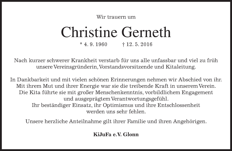  Traueranzeige für Christine Gerneth vom 17.05.2016 aus merkurtz