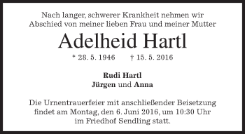 Traueranzeige von Adelheid Hartl von merkurtz