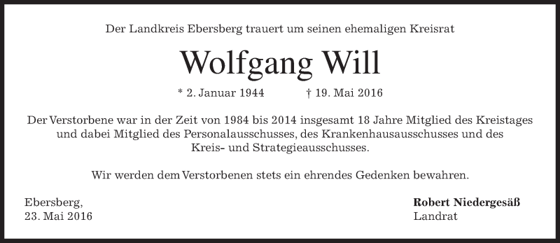  Traueranzeige für Wolfgang Will vom 23.05.2016 aus merkurtz