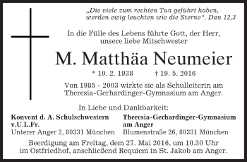 Traueranzeige von Matthäa Neumeier von merkurtz