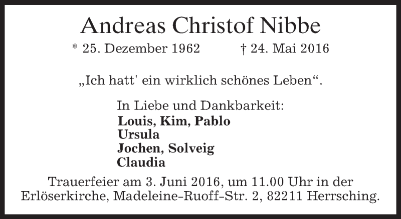  Traueranzeige für Andreas Christof Nibbe vom 28.05.2016 aus merkurtz