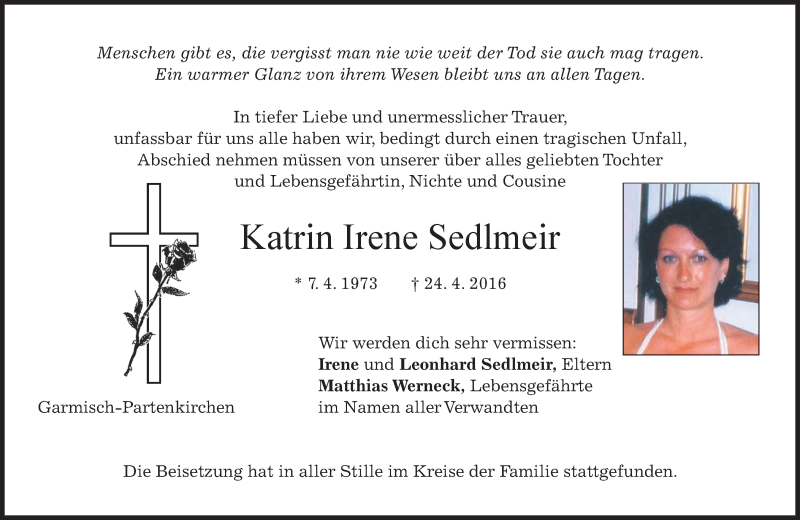  Traueranzeige für Katrin Irene Sedlmeir vom 04.05.2016 aus merkurtz