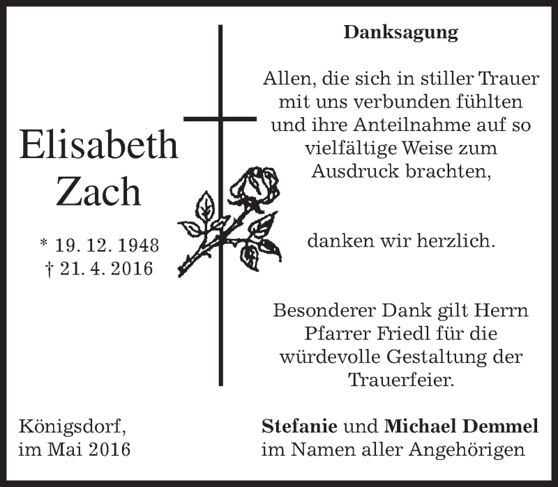  Traueranzeige für Elisabeth Zach vom 07.05.2016 aus merkurtz