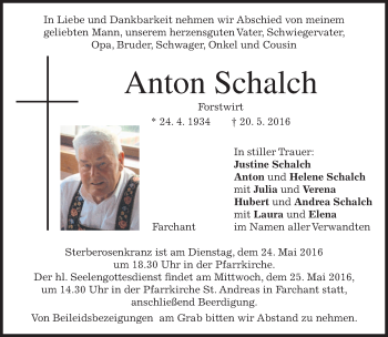 Traueranzeige von Anton Schalch von merkurtz