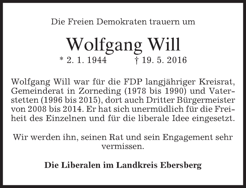  Traueranzeige für Wolfgang Will vom 25.05.2016 aus merkurtz