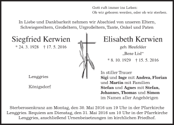 Traueranzeige von Siegfried und Elisabeth Kerwien von merkurtz