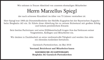 Traueranzeige von Marzellus Spiegl von merkurtz
