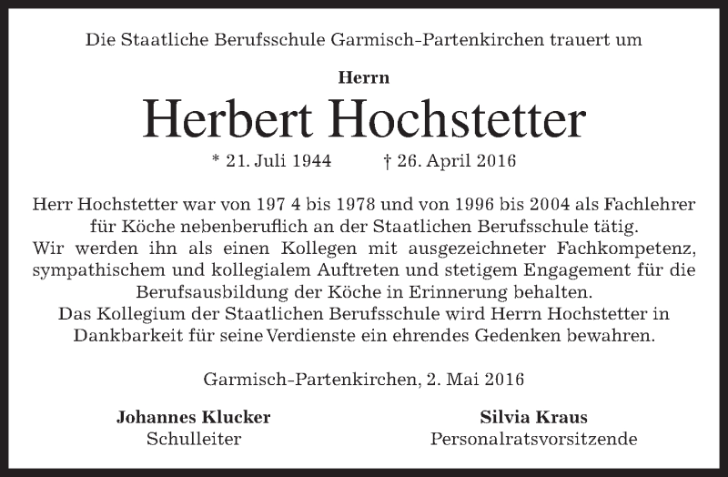  Traueranzeige für Herbert Hochstetter vom 03.05.2016 aus merkurtz