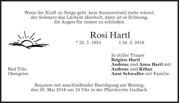 Traueranzeige von Rosi Hartl von merkurtz