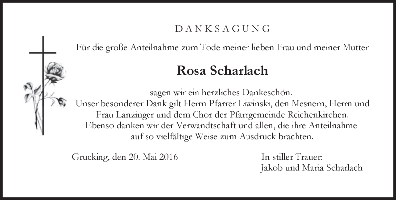  Traueranzeige für Rosa Scharlach vom 20.05.2016 aus merkurtz