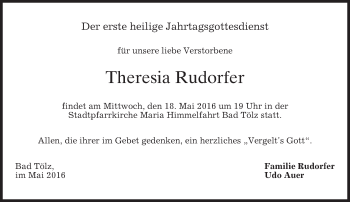 Traueranzeige von Theresia Rudorfer von merkurtz