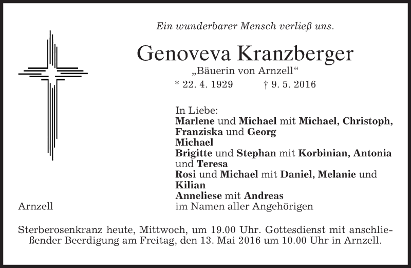  Traueranzeige für Genoveva Kranzberger vom 11.05.2016 aus merkurtz