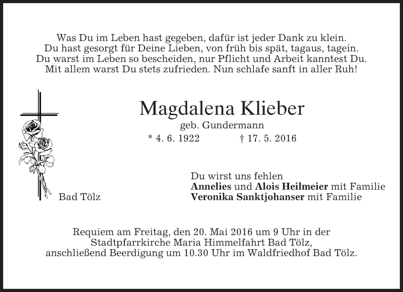  Traueranzeige für Magdalena Klieber vom 19.05.2016 aus merkurtz