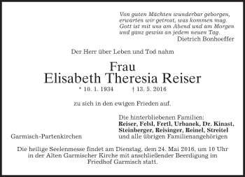Traueranzeige von Elisabeth Theresia Reiser von merkurtz