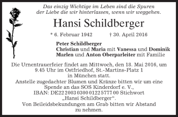 Traueranzeige von Hansi Schildberger von merkurtz