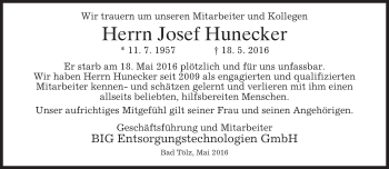 Traueranzeige von Josef Hunecker von merkurtz