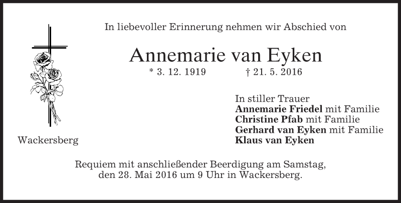  Traueranzeige für Annemarie van Eyken vom 25.05.2016 aus merkurtz