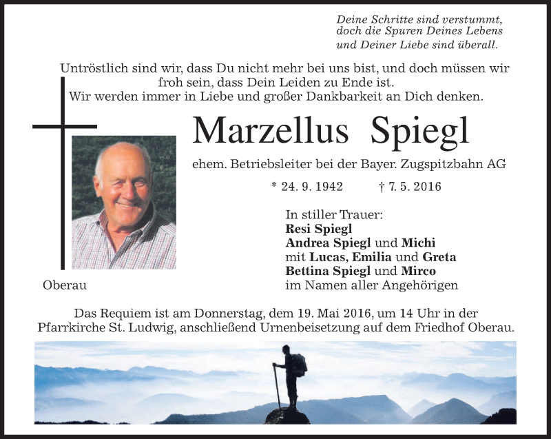  Traueranzeige für Marzellus Spiegl vom 14.05.2016 aus merkurtz